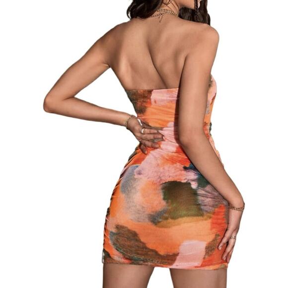 Strapless Chiffon Mini Dress Size Medium Cut Out Rhinestones Club Bodycon - Picture 2 of 10